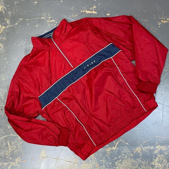 Nike 1/4 Zip Anorak Windbreaker Jacket White Tag Maroon Red Large Navy Vintage - Picture 1 of 9